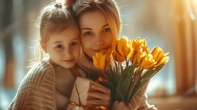 Young daughter hugs her mother and presents tulips in a warm indoor home moment