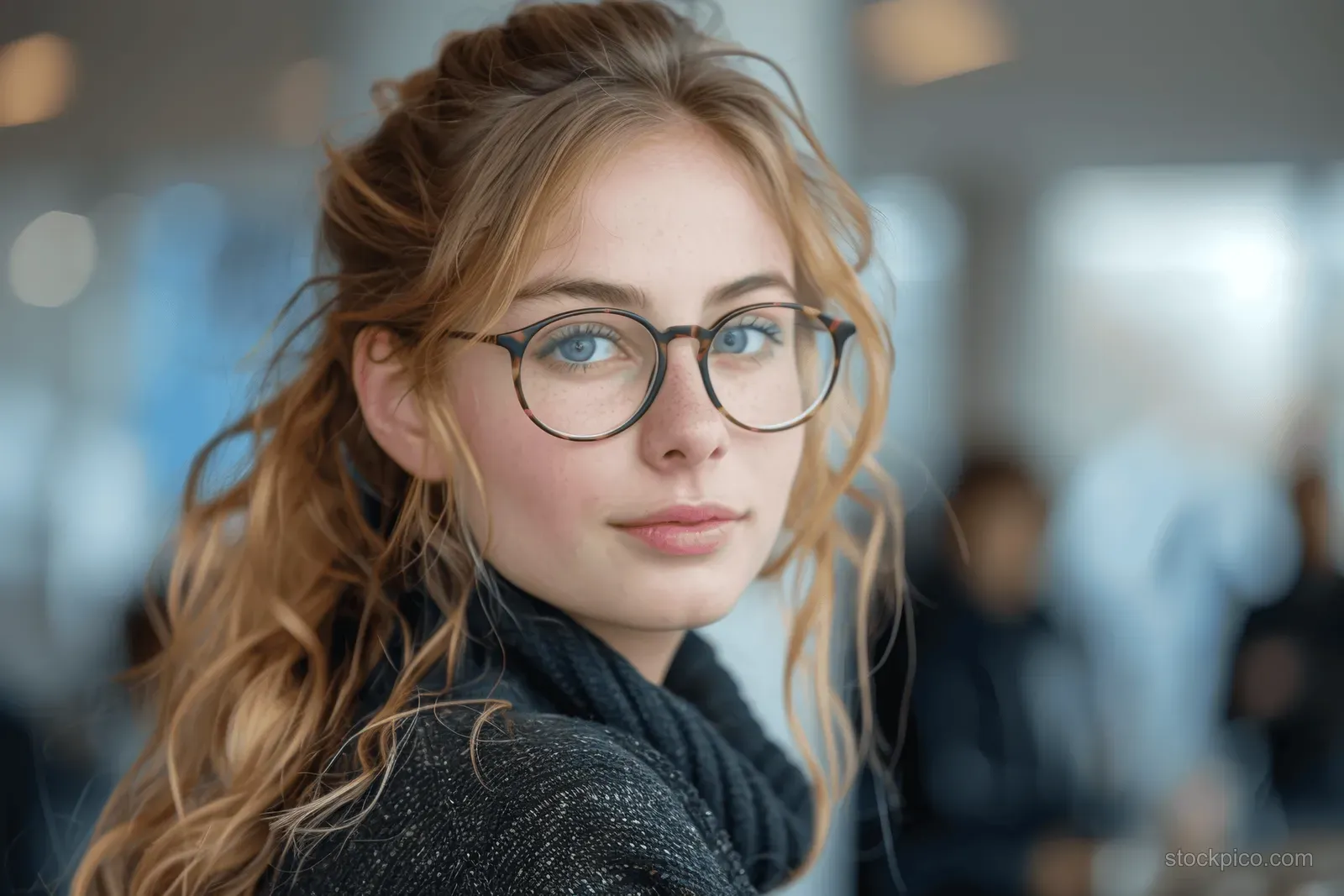 Young blonde woman wearing tortoiseshell glasses looks at the camera indoors with a blurred background.