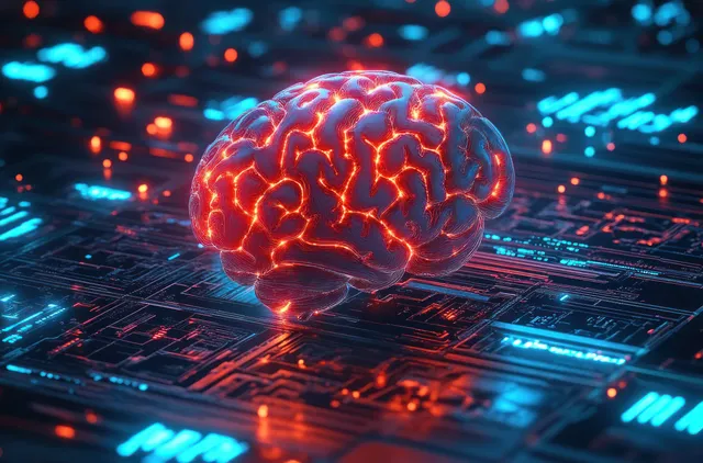A glowing digital brain hovers over a circuit board with red and blue neon neural lines and data-like lights.