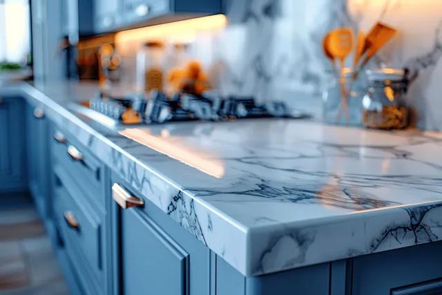 Blue and white kitchen with empty marble countertop, blurred utensils, and soft daylight