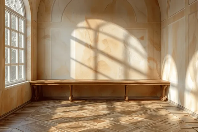 Sunlight from an arched window casts shadows over an empty room with a wooden bench and parquet floor.
