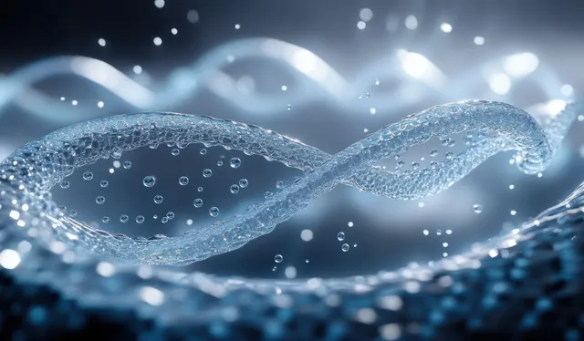 A glowing DNA helix ribbon curves through a watery light-filled background with scattered droplets.