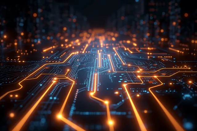 Glowing circuit lines form data pathways in a dark futuristic network city.