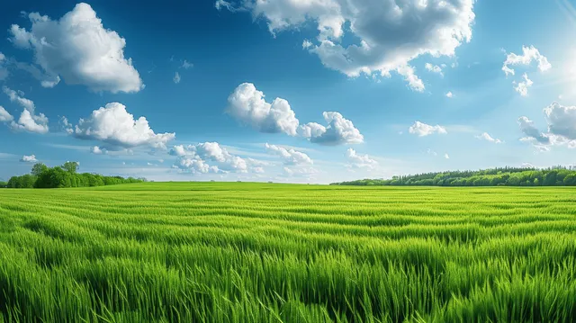 Green grass field stretches toward distant trees under a bright blue sky with scattered white clouds.