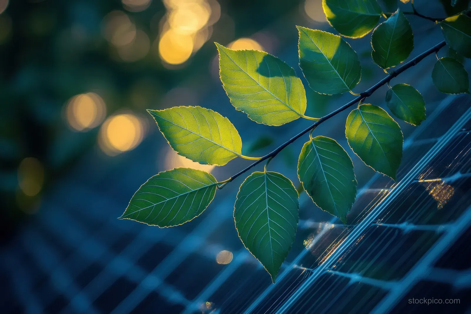 Green leaves resting above solar panels with soft sunset bokeh in the background.