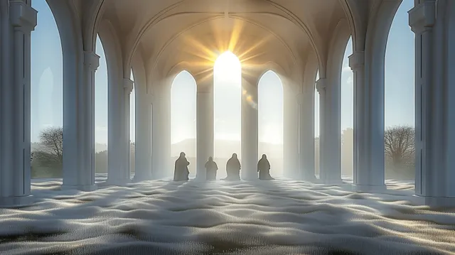 Sunlit Gothic marble corridor with towering arches, columns, and distant statues