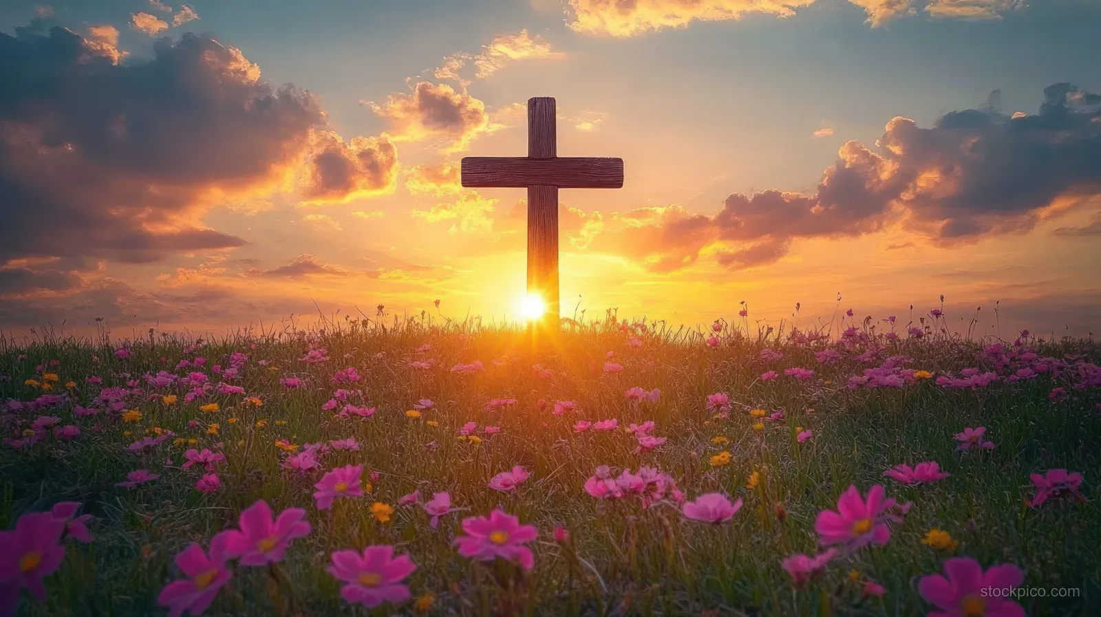 Wooden cross silhouetted in a meadow of pink and yellow flowers with sun rays during sunset clouds.