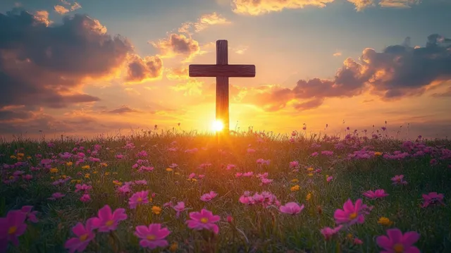 Wooden cross in a flower meadow at sunset, sun rays glowing through its base
