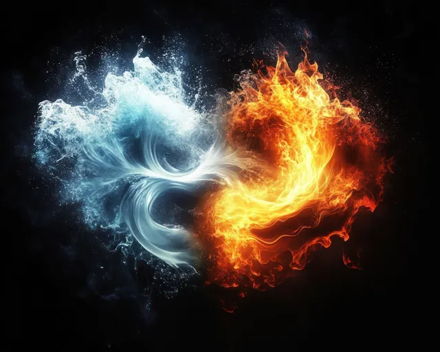 Abstract artwork splits four elements with glowing water, fire flames, airy mist swirls, and dark earth textures on black.