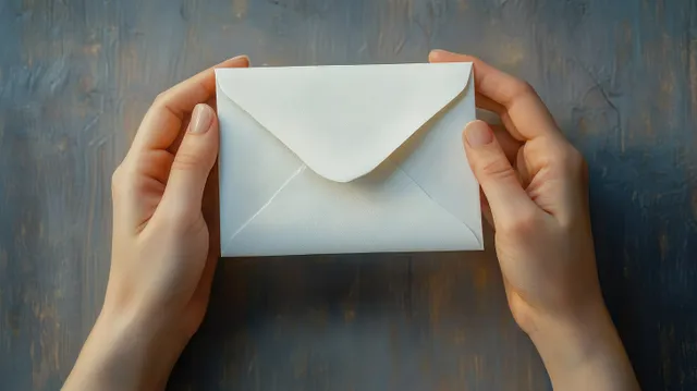 Two hands hold a closed white envelope on a wooden background.