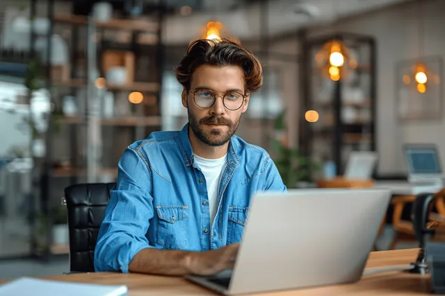 Focused young businessman typing on laptop at office desk