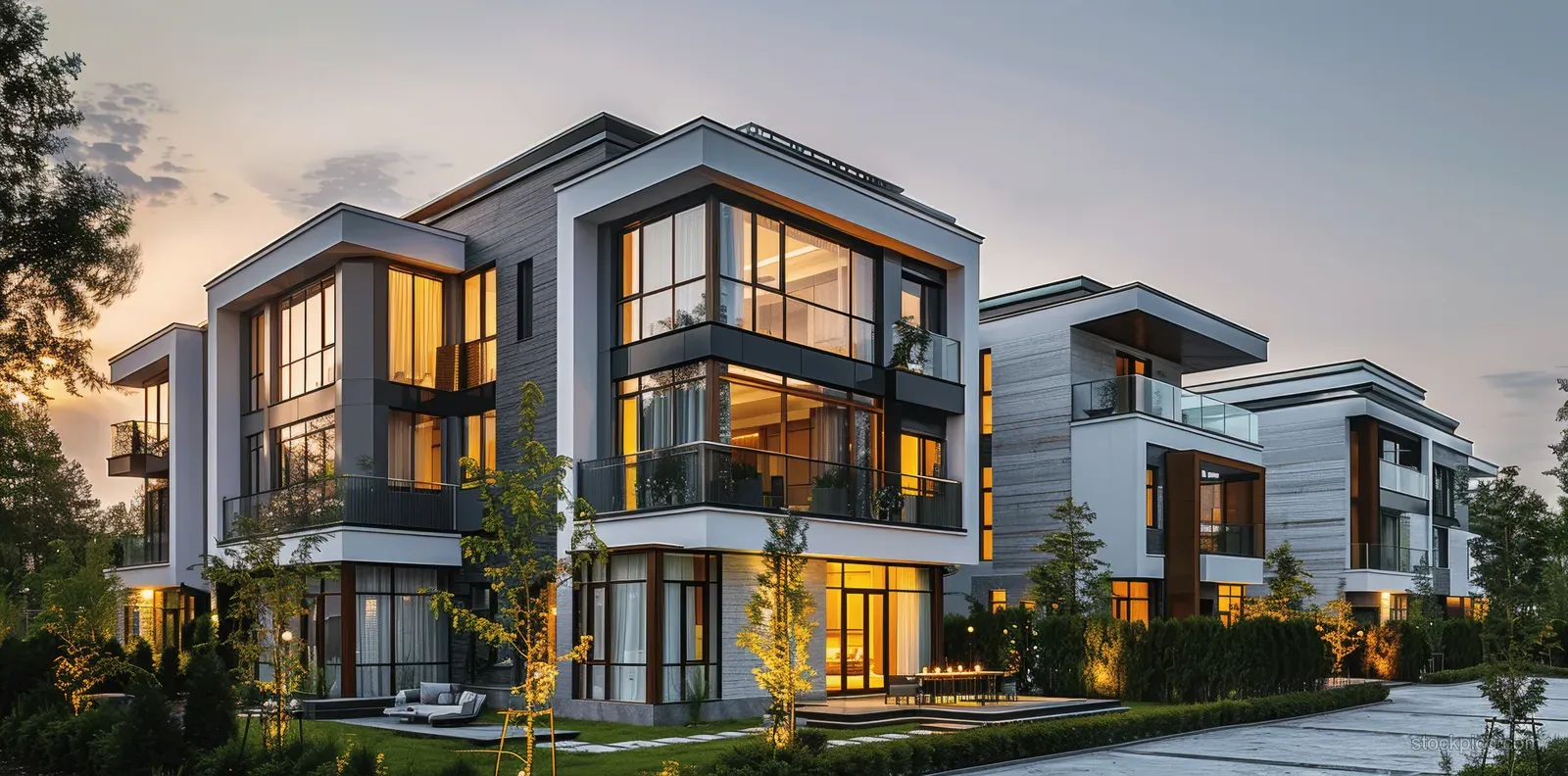 Modern townhouse row with panoramic windows and balconies glowing warmly at dusk along a quiet street.