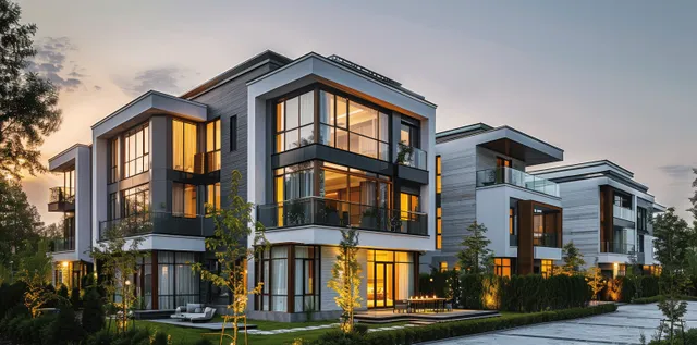 Contemporary townhouse row with panoramic windows glowing at dusk under soft streetlights