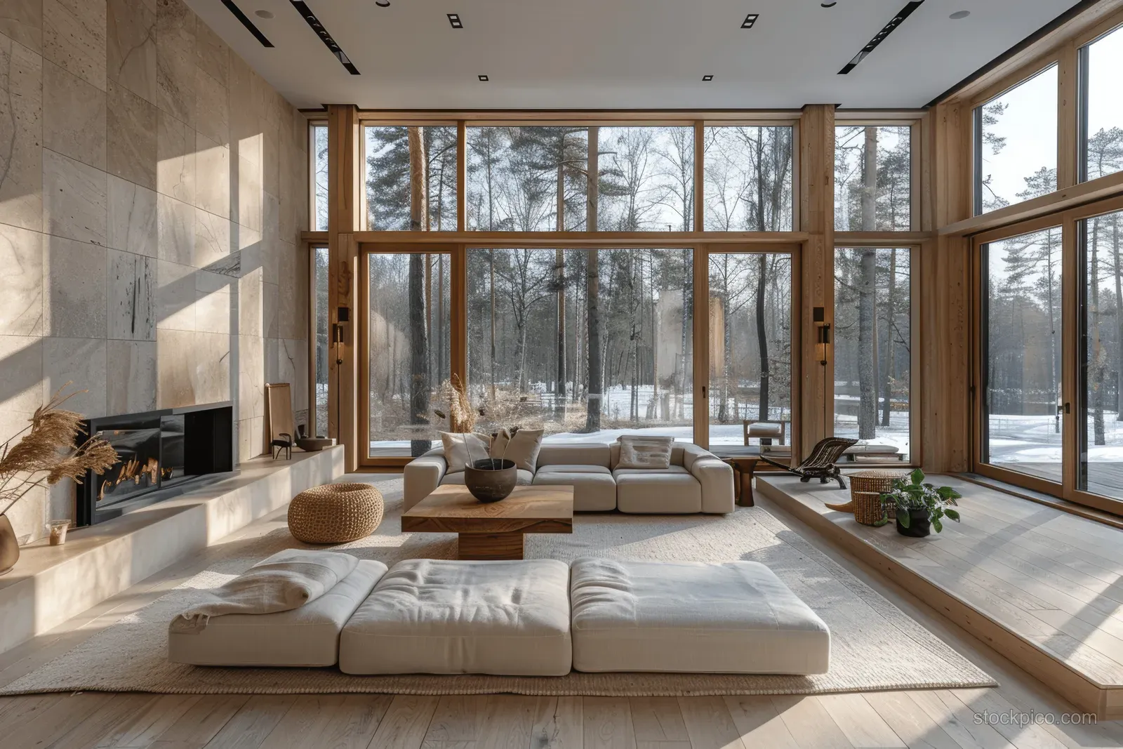 Low sofa and wooden coffee table in a Scandinavian living room beside a stone fireplace and large windows.