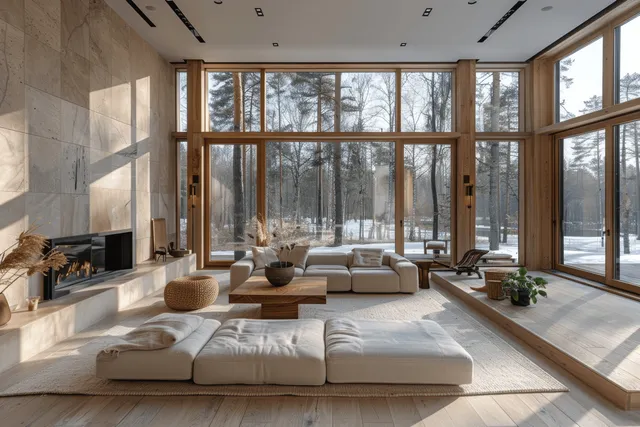 Low sofa and wooden coffee table in a Scandinavian living room beside a stone fireplace and large windows.