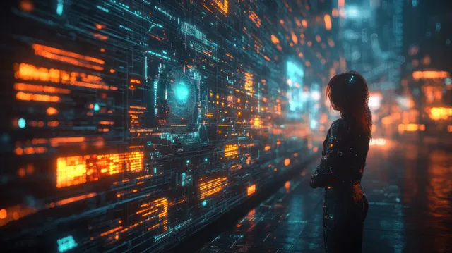 Silhouetted person faces a neon holographic data wall in a deep futuristic cyber corridor.