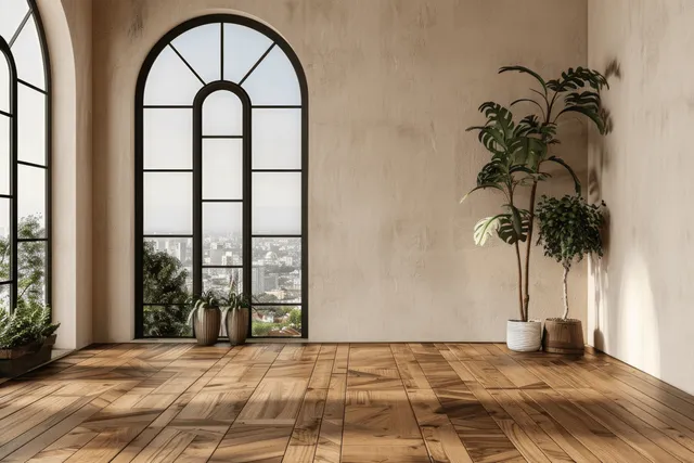 Sunlit empty living room with arched windows, wooden floor, and potted plants