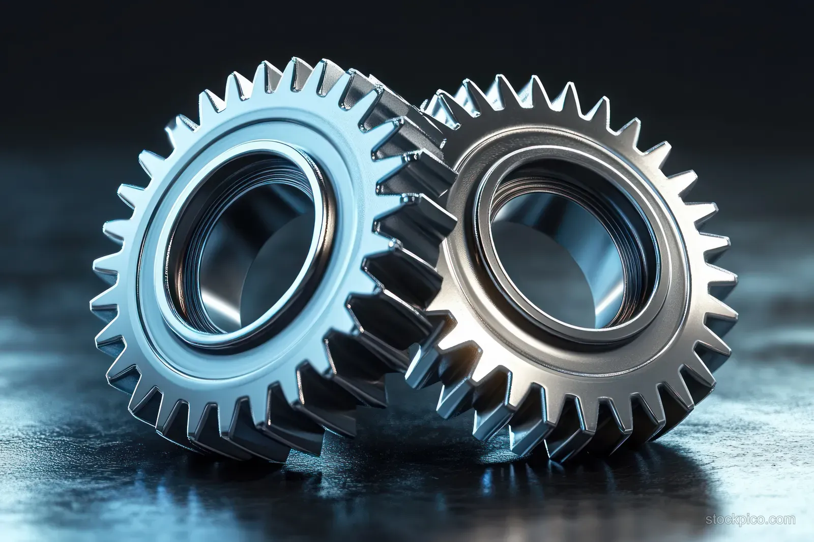 Two shiny metallic gears close together on a reflective surface, showing detailed teeth and inner rings.