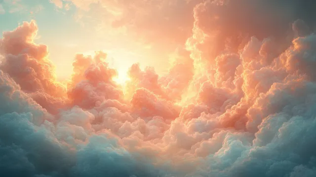 Glowing pastel clouds swirling into a dreamy sky with warm backlighting