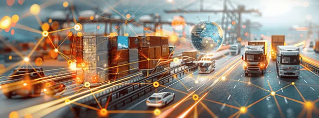 A glowing global logistics network overlays cargo containers and trucks near a port roadway at night.