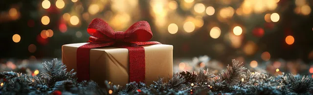 Christmas gift box with red bow on frosty pine needles, bokeh lights glow
