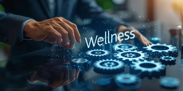 Two hands reach toward a glowing corporate wellness interface filled with mental health and activity icons.