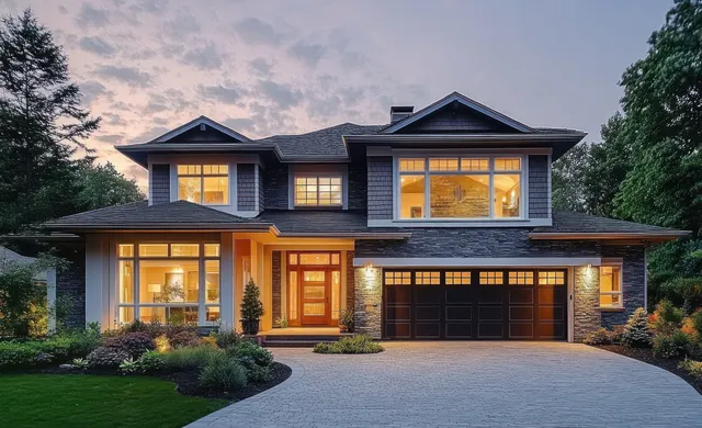 Modern two-story house exterior at twilight, warm window lights and driveway glow