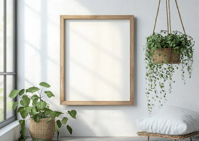 A wooden picture frame hangs on a white wall beside hanging green plants in soft window light.