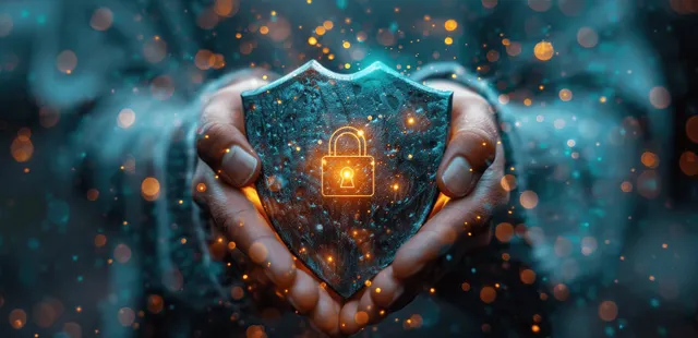 A cybersecurity shield held in hands symbolizes data protection, encryption, and user privacy in digital planning.