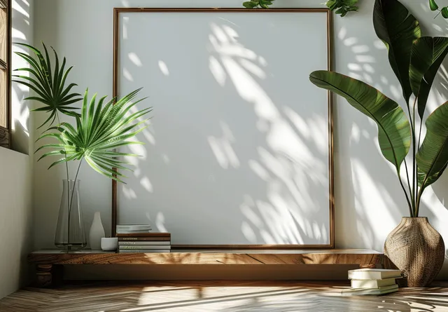 A blank picture frame on a wooden table with tropical leaves and books, lit by sunlight creating sharp shadows.