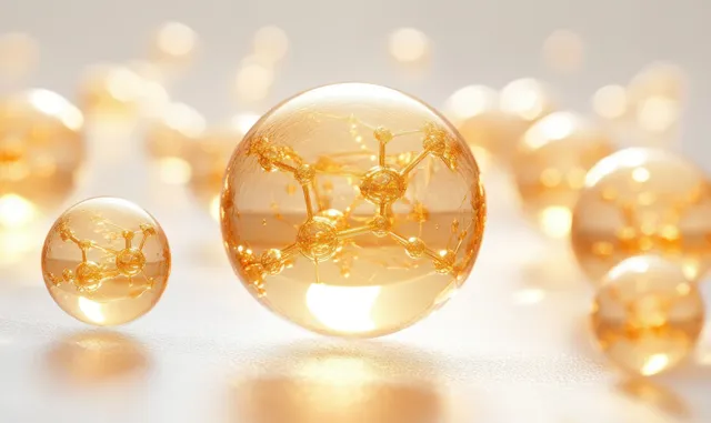 Translucent golden spheres with molecular lines float among softly blurred serum droplets on a warm background.