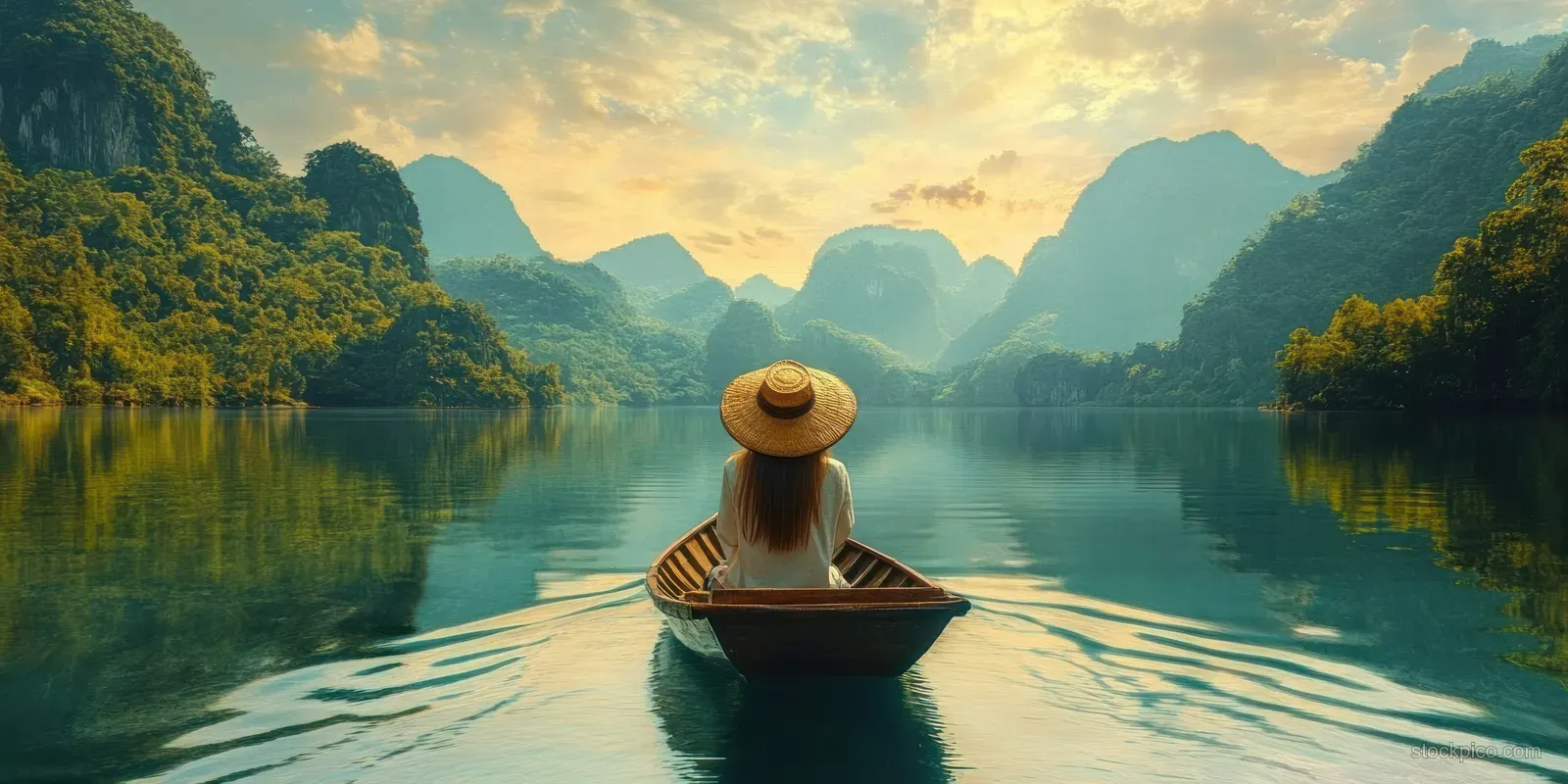 Woman in a straw hat sits on a small boat at sunrise on a misty mountain lake.