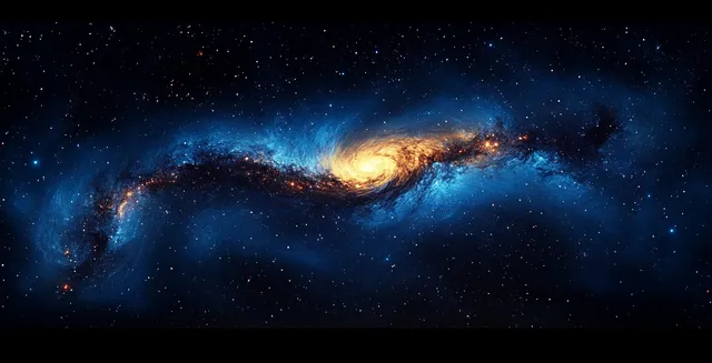 Swirling spiral galaxy with bright yellow core and blue nebula clouds over starry deep space