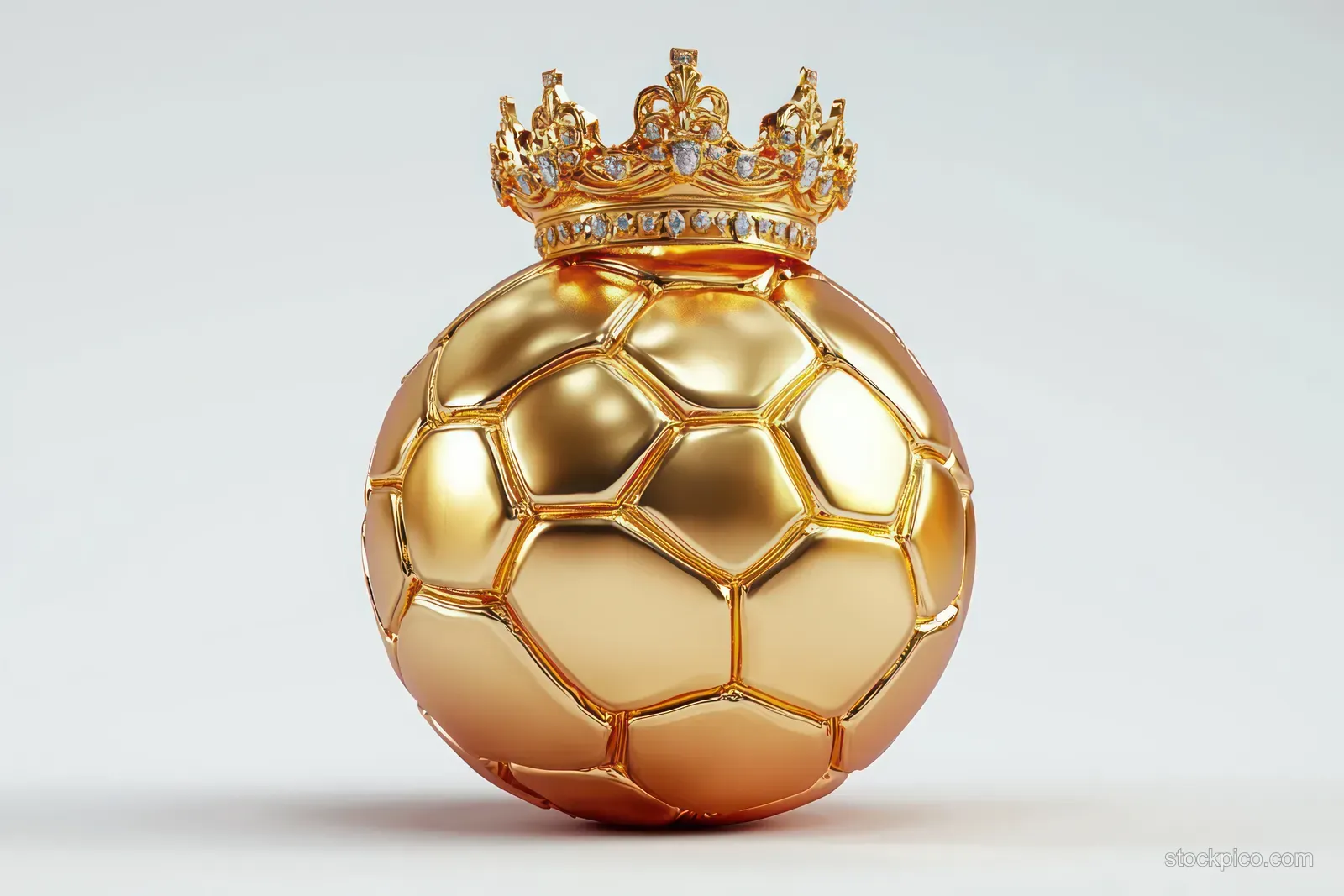 Golden 3D soccer ball with a royal crown emblem on a white background.