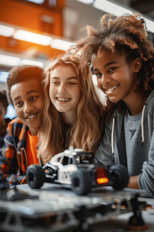 Diverse students test a small robot together in a technology lab, glowing LEDs
