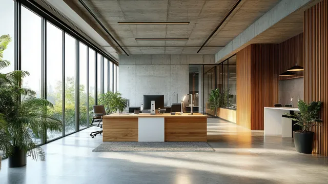 Sunlit modern office interior with wooden desks, glass windows, and potted plants