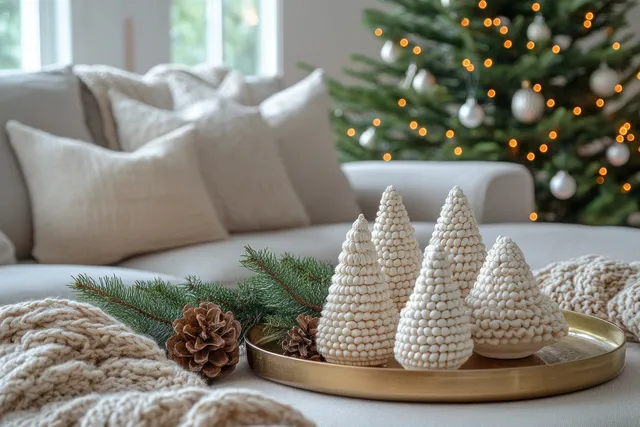 White ceramic mini Christmas trees sit on a tray beside a sofa, with softly lit Christmas tree lights in the background.