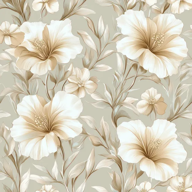 Cream and light beige flowers with elongated leaves arranged in a seamless floral pattern on a muted taupe background.