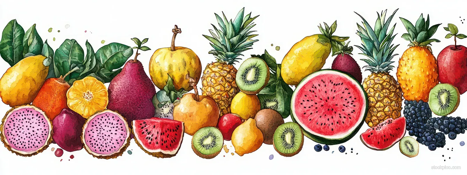 Watercolor illustration of whole and sliced tropical fruits lined up, showing pineapple, kiwi, watermelon, and dragon fruit.
