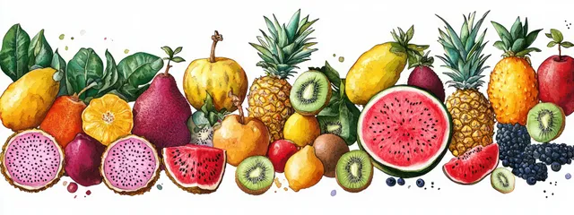 Watercolor illustration of whole and sliced tropical fruits lined up, showing pineapple, kiwi, watermelon, and dragon fruit.