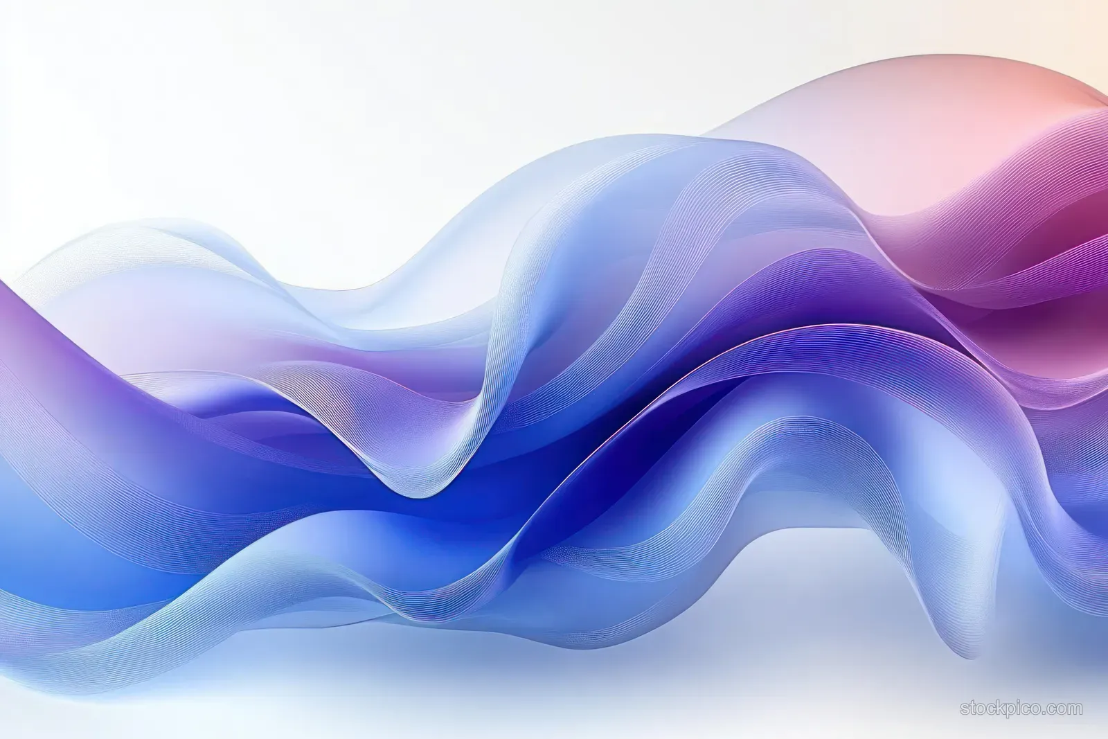 Translucent pastel wave ribbons ripple across a light gradient background in blue, purple, and pink.
