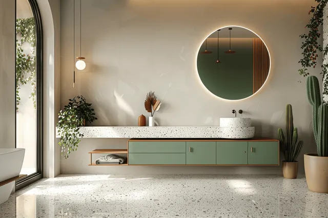 Round illuminated mirror and terrazzo vanity with circular sink, green cabinets, and indoor plants near a large window.