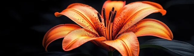 Close-up orange lily bloom with detailed petals and dark stamens against a black background