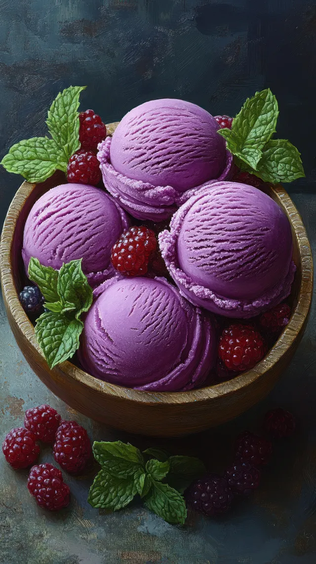Four scoops of purple ice cream in a wooden bowl topped with raspberries and mint on a dark textured background.