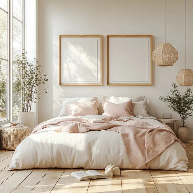 Minimal Scandinavian bedroom with blank framed art above neatly made bed