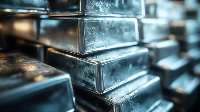 Close-up of stacked shiny metal bars in an industrial storage rack, reflecting cool light on textured surfaces.