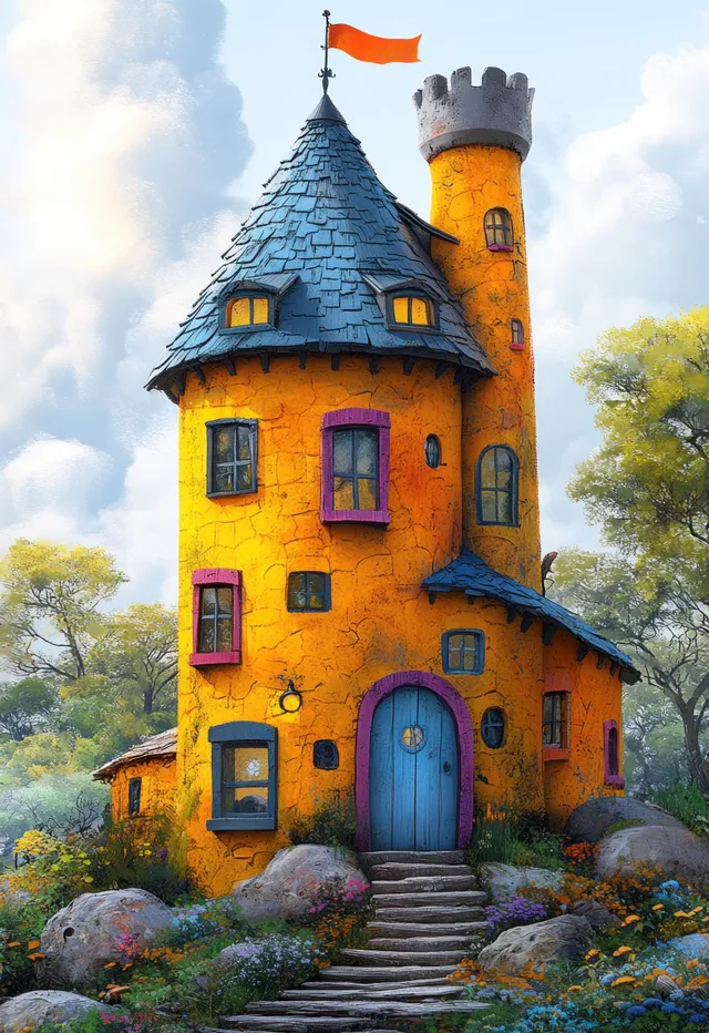 A whimsical conical-roof house with a small flag, stone steps, and trees under soft morning light.