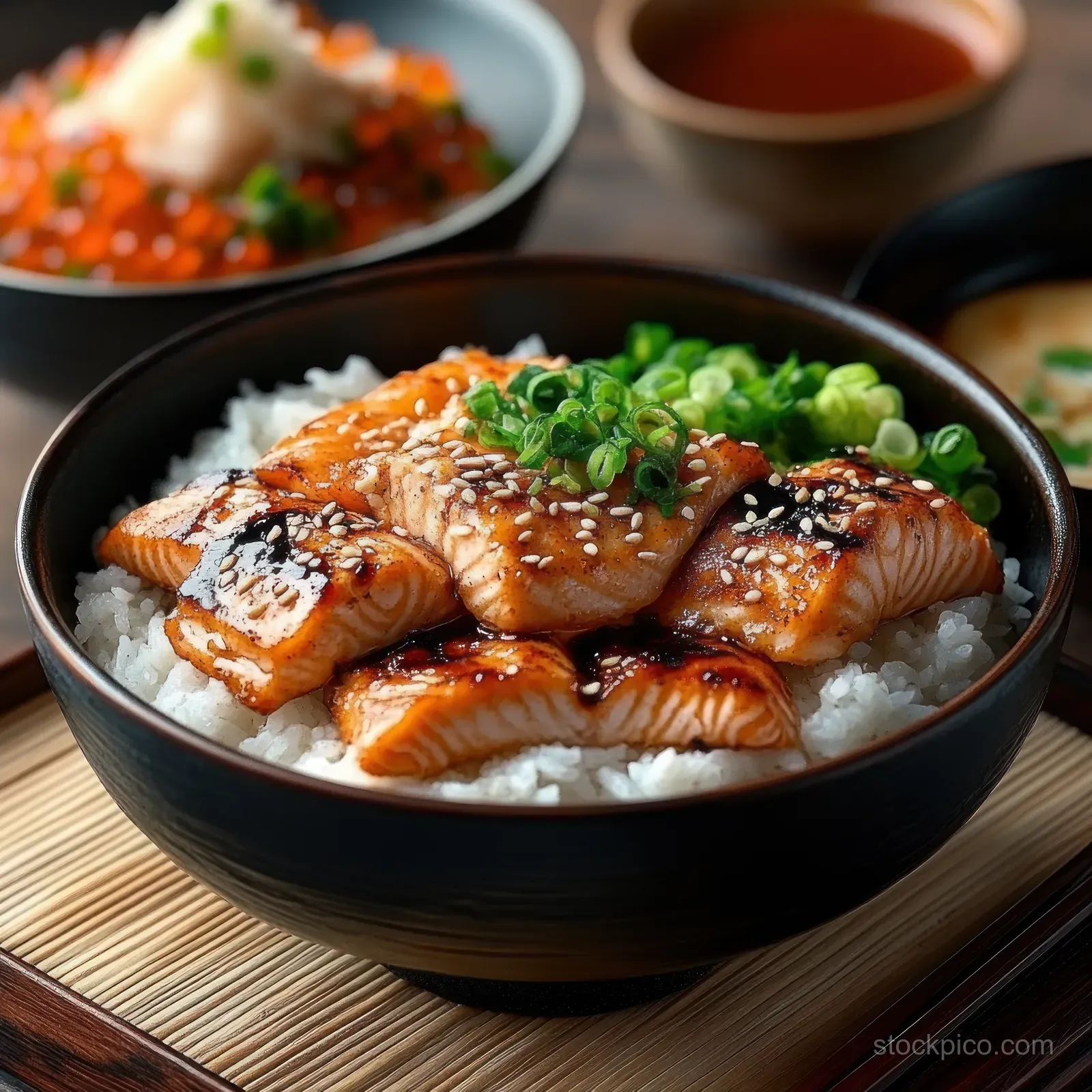 Glazed grilled salmon slices sit over white rice in a black bowl, topped with sesame seeds and chopped green onions.