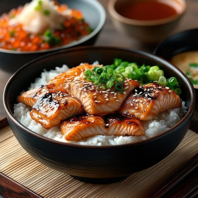Glazed grilled salmon slices sit over white rice in a black bowl, topped with sesame seeds and chopped green onions.