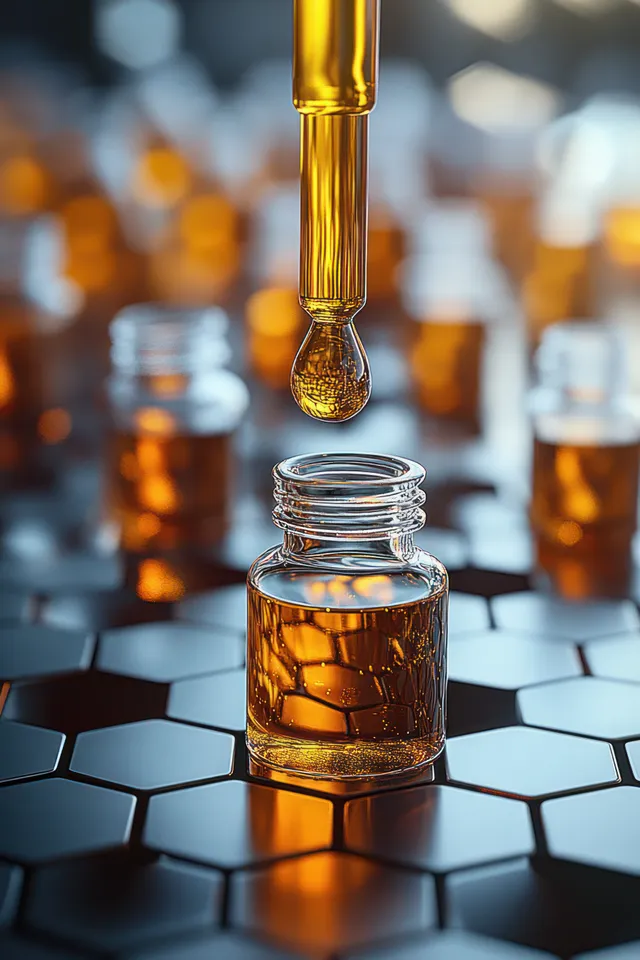 A dropper tip pours amber liquid into a small glass bottle on a hexagonal patterned surface.